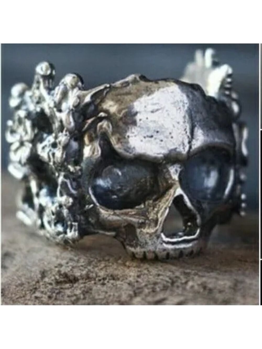 Mens Heavy Stainless Steel Flower and Skull Ring Size 8